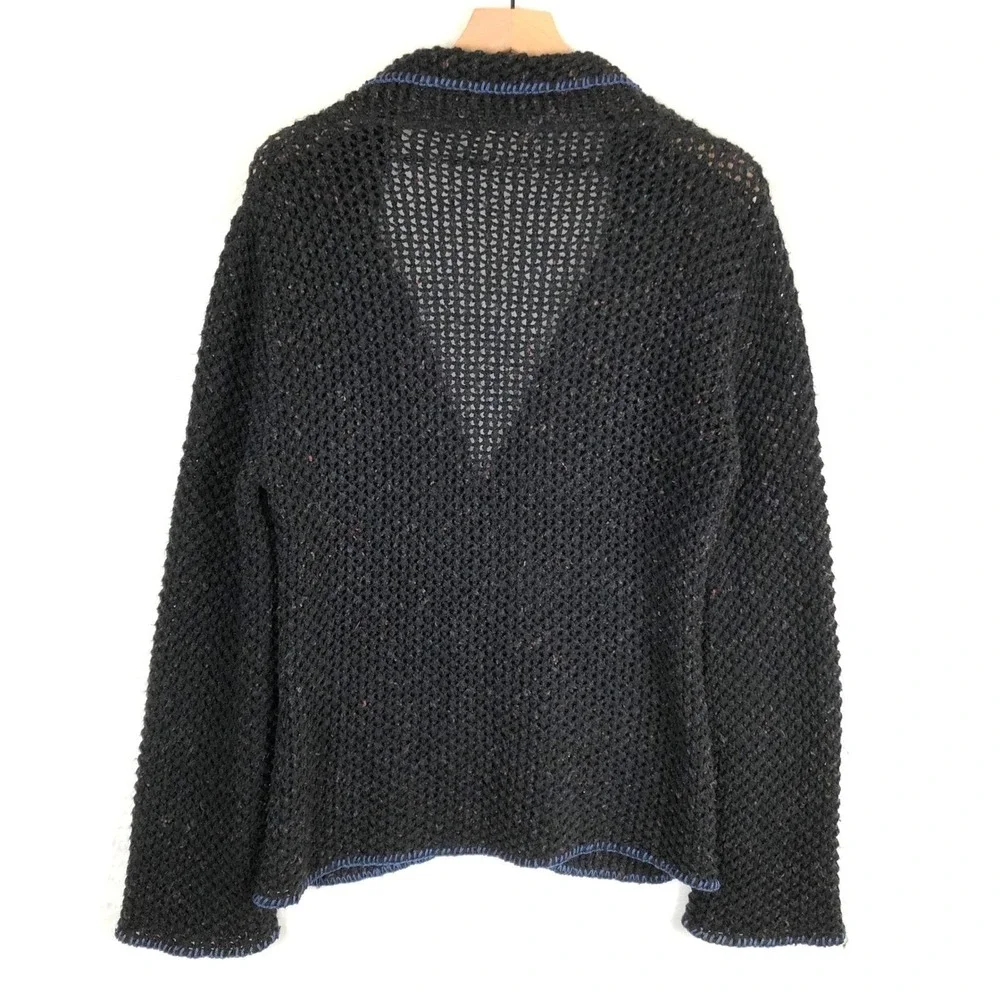 RELAIS Crochet Loose Knit Coatigan Sz‎ L Black & Blue Button Up Cardigan Sweater